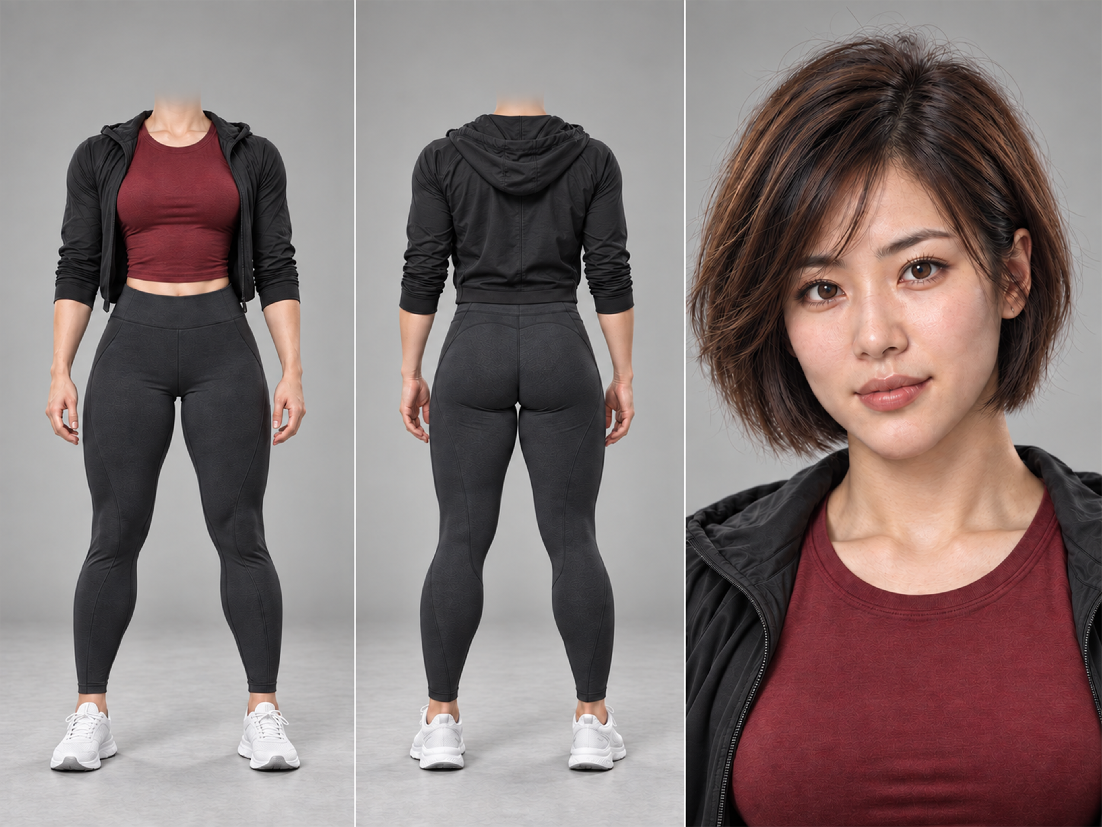 Alex 候选三栏参考：左侧正面与中间背面全身服装视图都裁去头部，右侧是较大的正面脸部肖像。