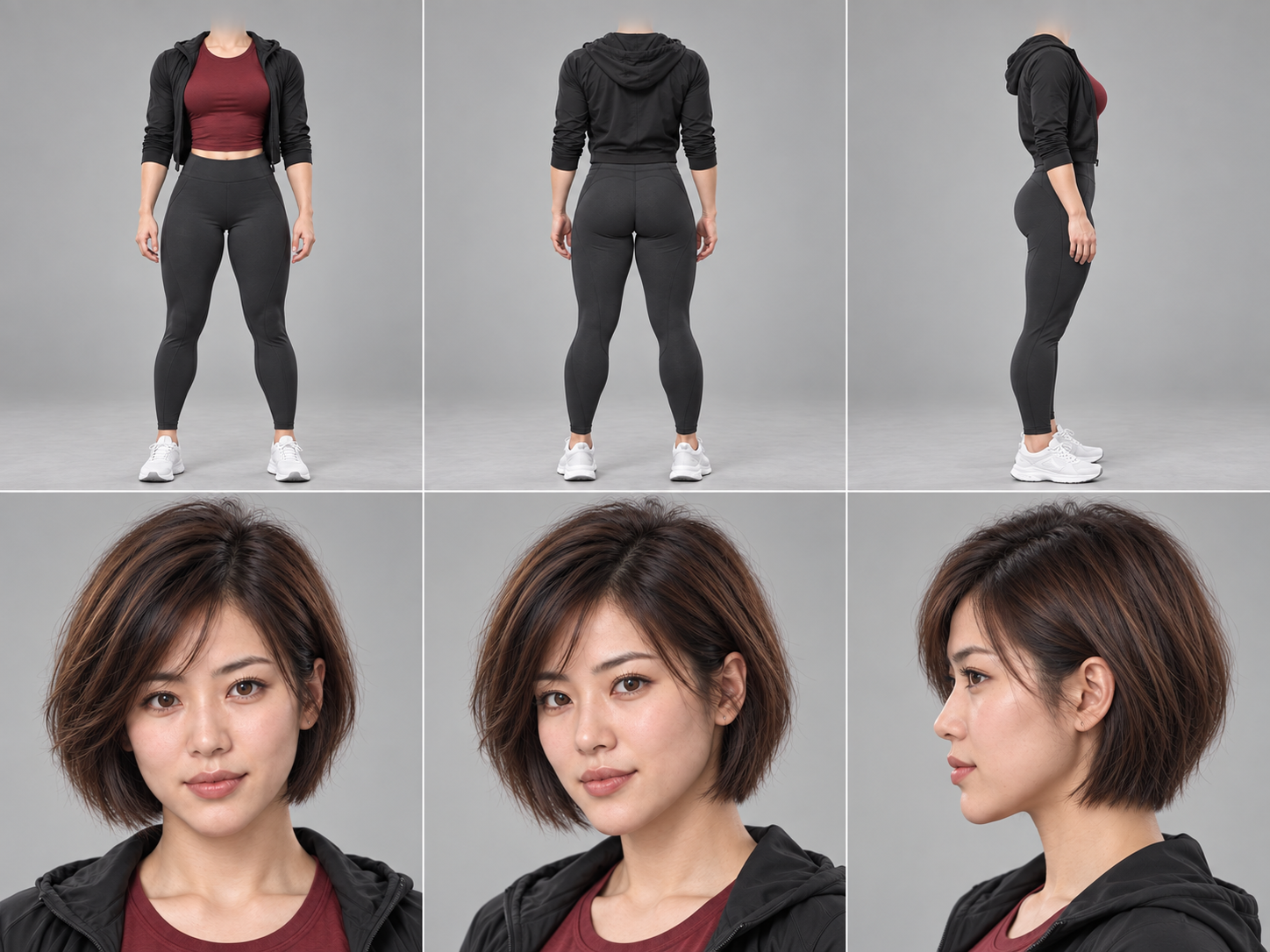 Alex 候选六格示意：上排是全身服装角度，下排是脸部角度