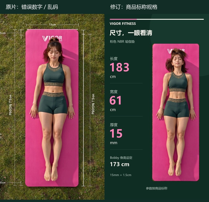 原始错误尺寸与后期修正规格的并排图；左边有 13 cm 错误标注和乱码，右边以规格卡列出标称 183 × 61 cm、厚 15 mm。
