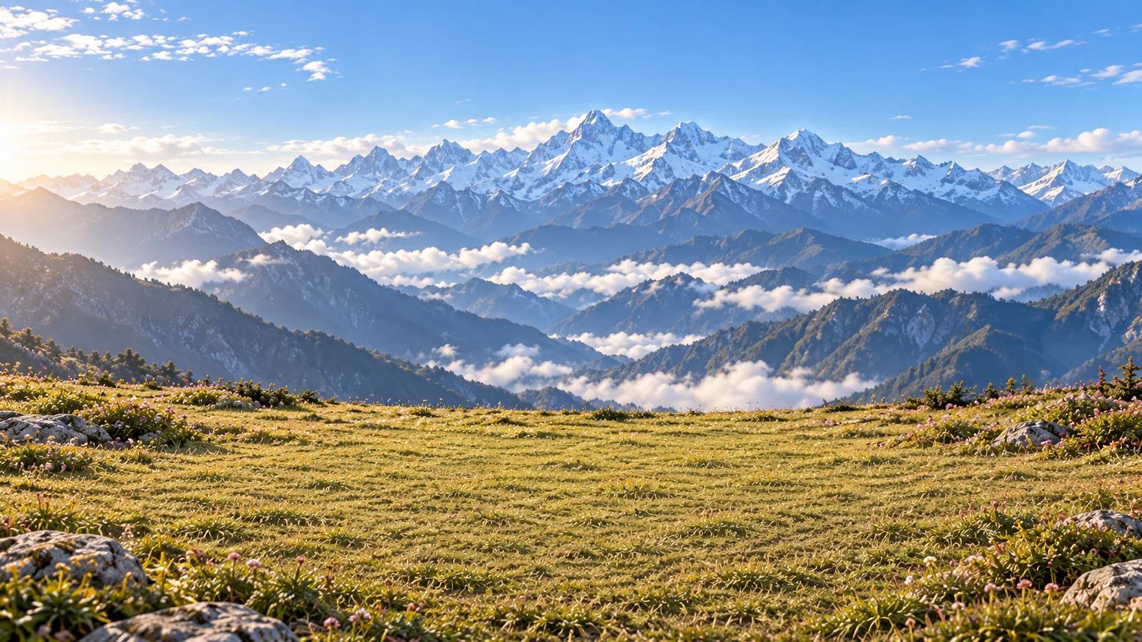 高山草甸与远处雪峰的横版场景参考图，未指定为真实拍摄地点。